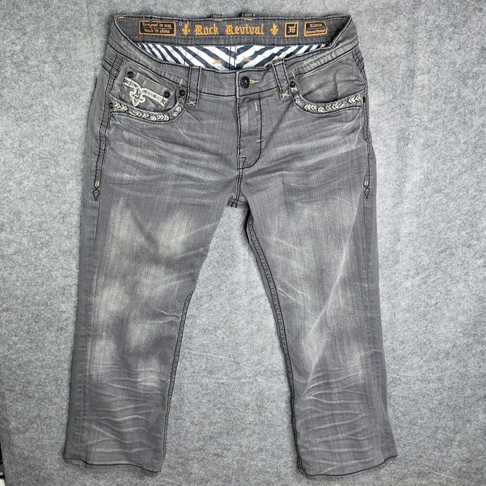 Rock Revival Kleven Relaxed Straight Denim Jeans‎ Mens 36 x 28 Gray